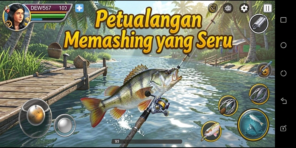 Screenshot gameplay DEWI567 menunjukkan aksi memancing yang seru dan grafis memukau.