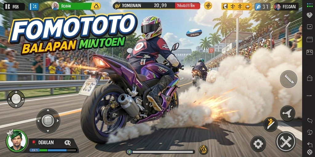 Tampilan screenshot gameplay FOMOTOTO saat balapan motor yang mendebarkan.