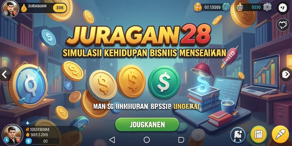 Tangkapan layar JURAGAN28 menampilkan nuansa simulasi bisnis yang seru.