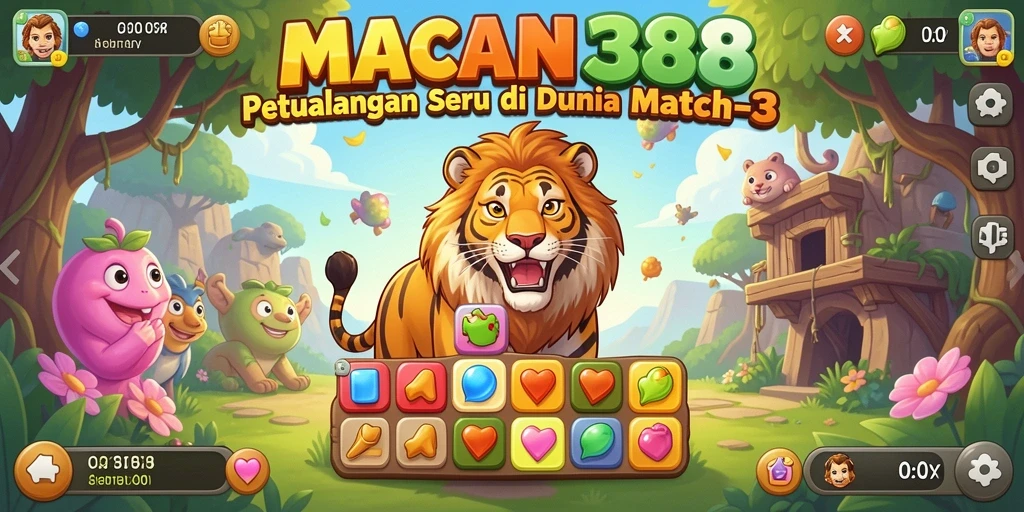 Screenshot utama MACAN388 menunjukkan gameplay Match-3 yang seru dan penuh warna.