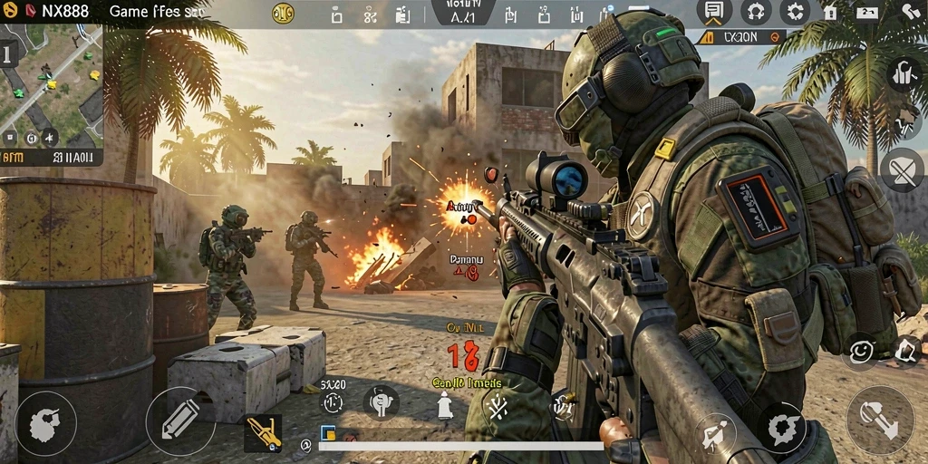 Gambaran gameplay NX888 dengan aksi menembak yang menegangkan.