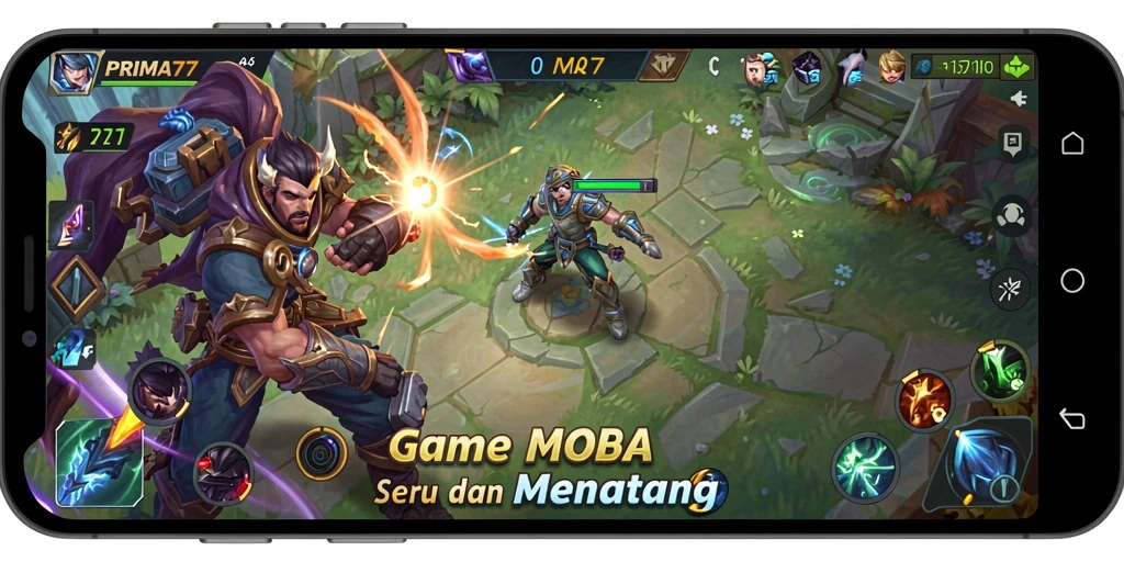 Tangkapan layar gameplay PRIMA77 yang mendebarkan di arena MOBA.