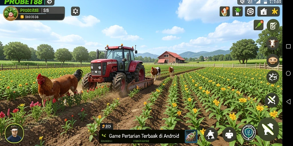 Screenshot gameplay PROBET88 menunjukkan petani yang sedang merawat tanaman.